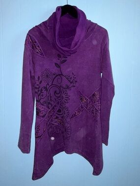 Purple Cowl Neck Floral Accent Asymmetric Sweater